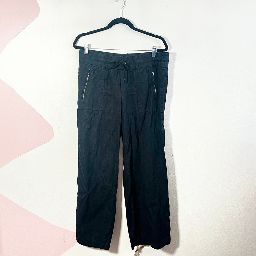 Athleta Cabo Linen Wide Leg Pants Women's 10 Black Drawstring Vacation Resort